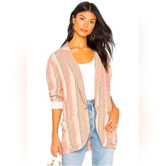 Free People Simply Stripe Blazer in Multi linen blend jacket oversized size XS - Picture 1 of 15